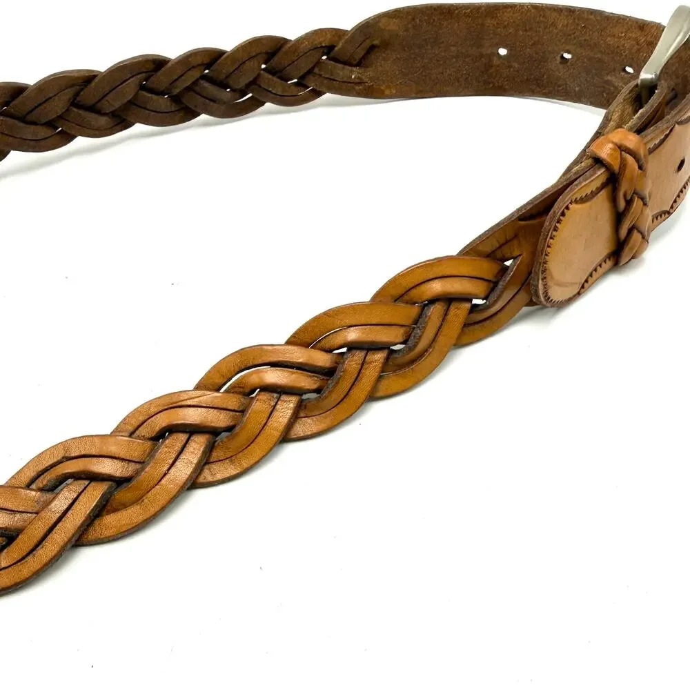 Linda Vintage Western Name Belt 34 Hand Tooled Braided Brown Leather Cowgirl